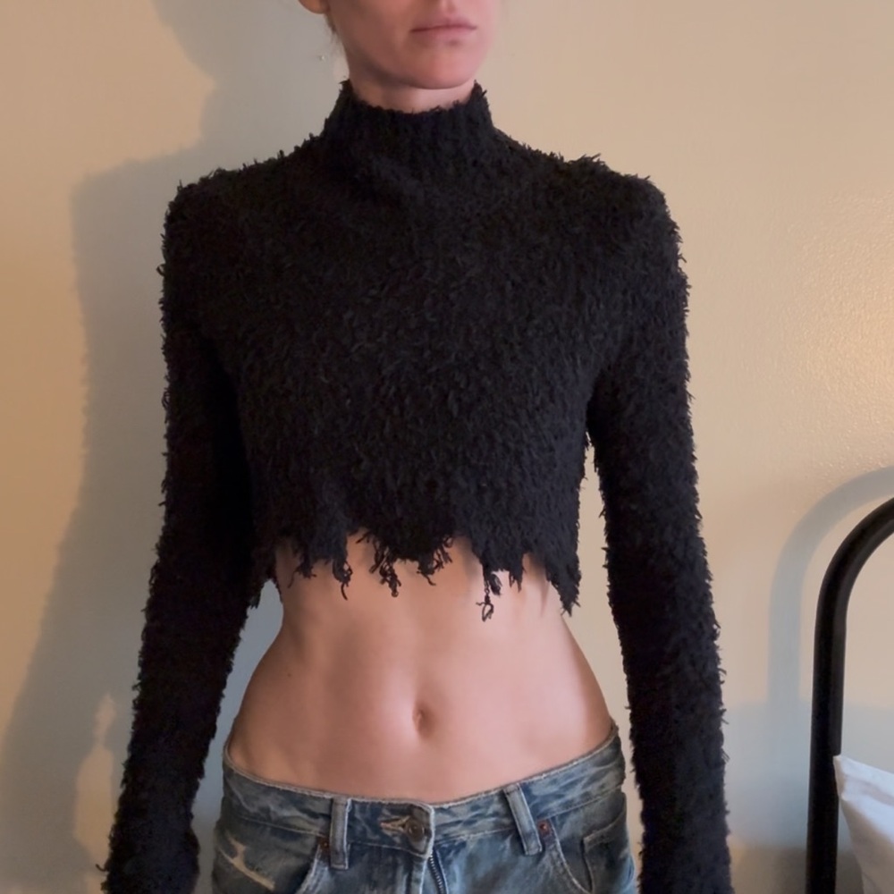 h:ours Black Fuzzy Crop Top